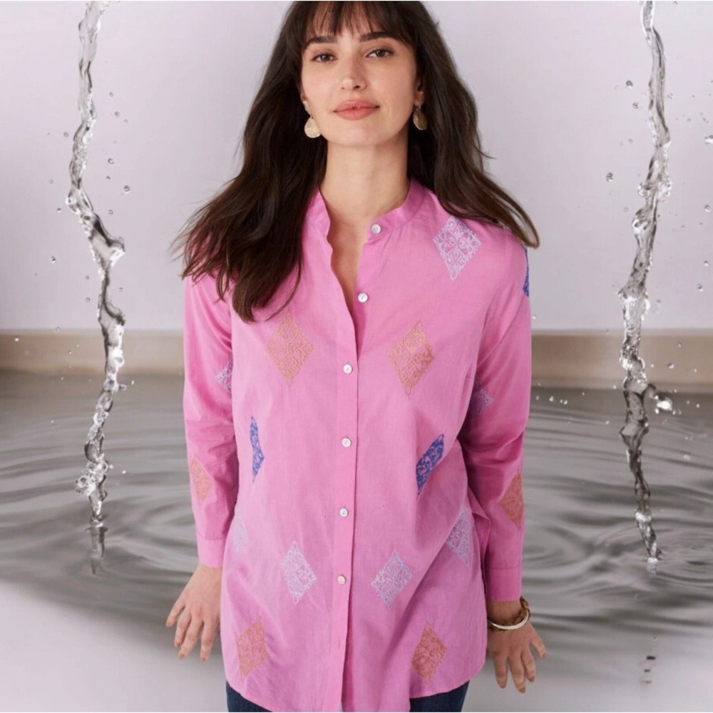 J. Jill Tunic Button Shirt Women's‎ Large Petite Pink Embroidered 100% Cotton